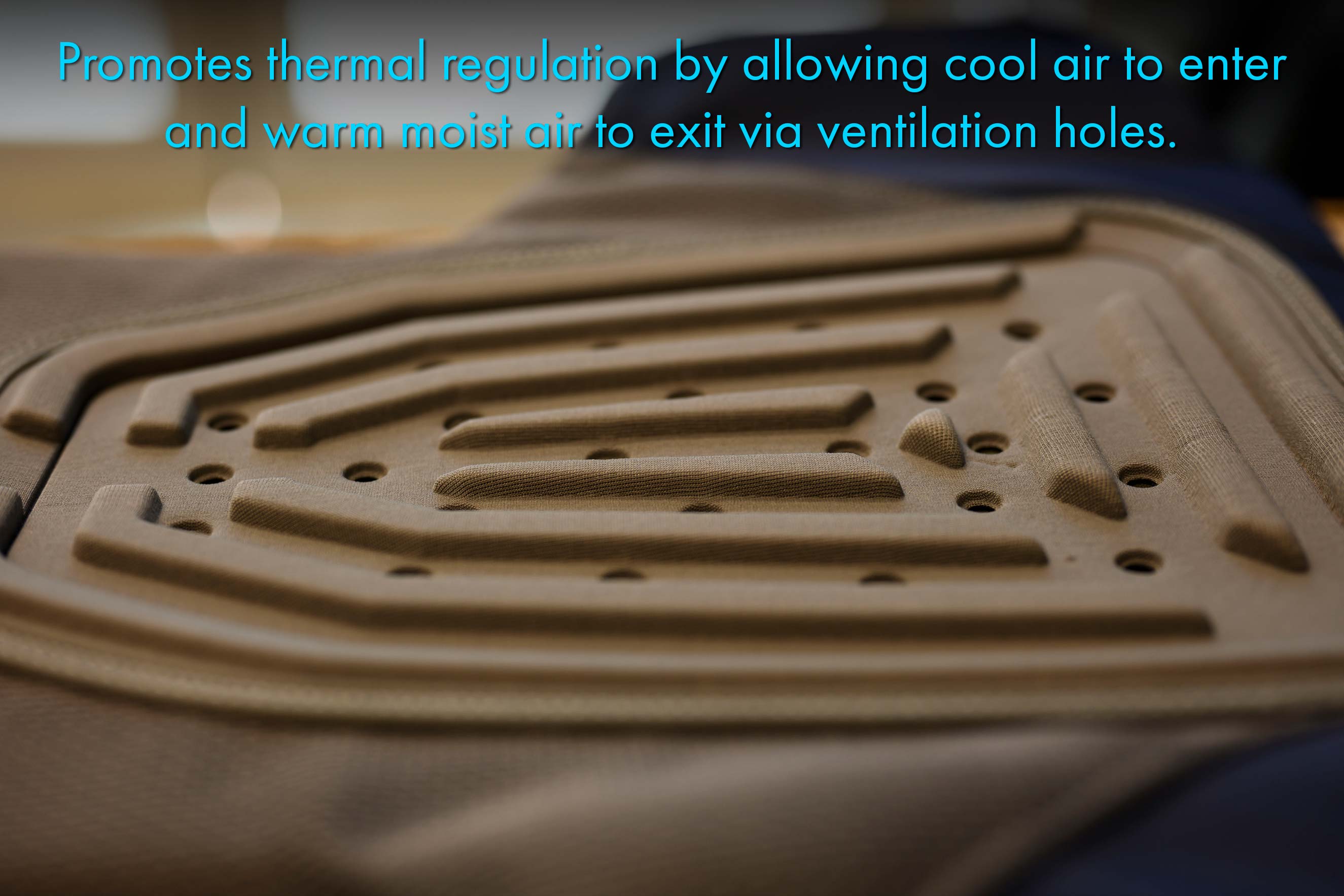 promotes thermal regulation by allowing cool air to enter and warm moist air to exit via ventilation holes