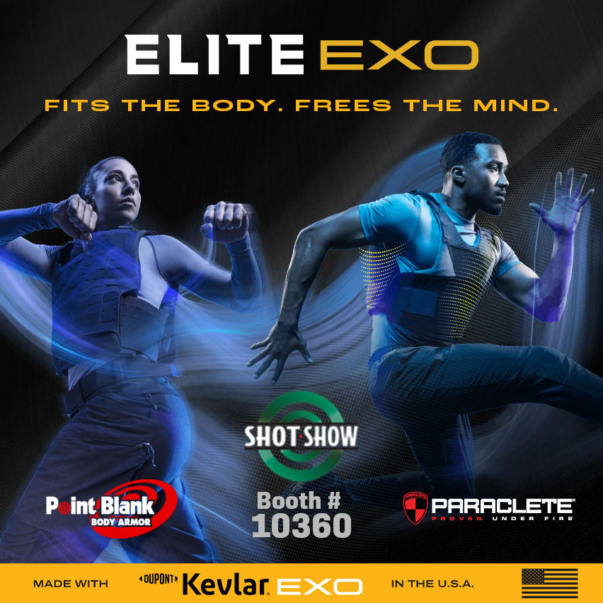 elite exo fits the body frees the mind shot show booth number 10360, graphic of male and female wearing body armor vest in motion twisting and leaping