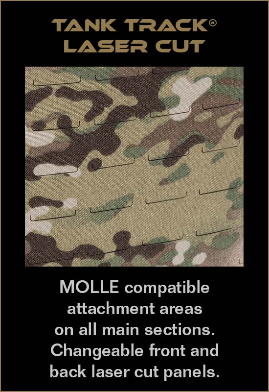 Tank Track laser cut provides MOLLE attachment areas on all main sections of the Origin body armor vest