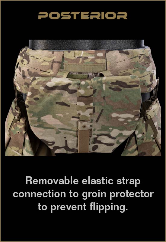 Posterior protection image - Able to accept elastic strap to connect to groin protection to prevent flipping and motion.